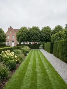 Onderhouden villatuin met gesnoeide hagen